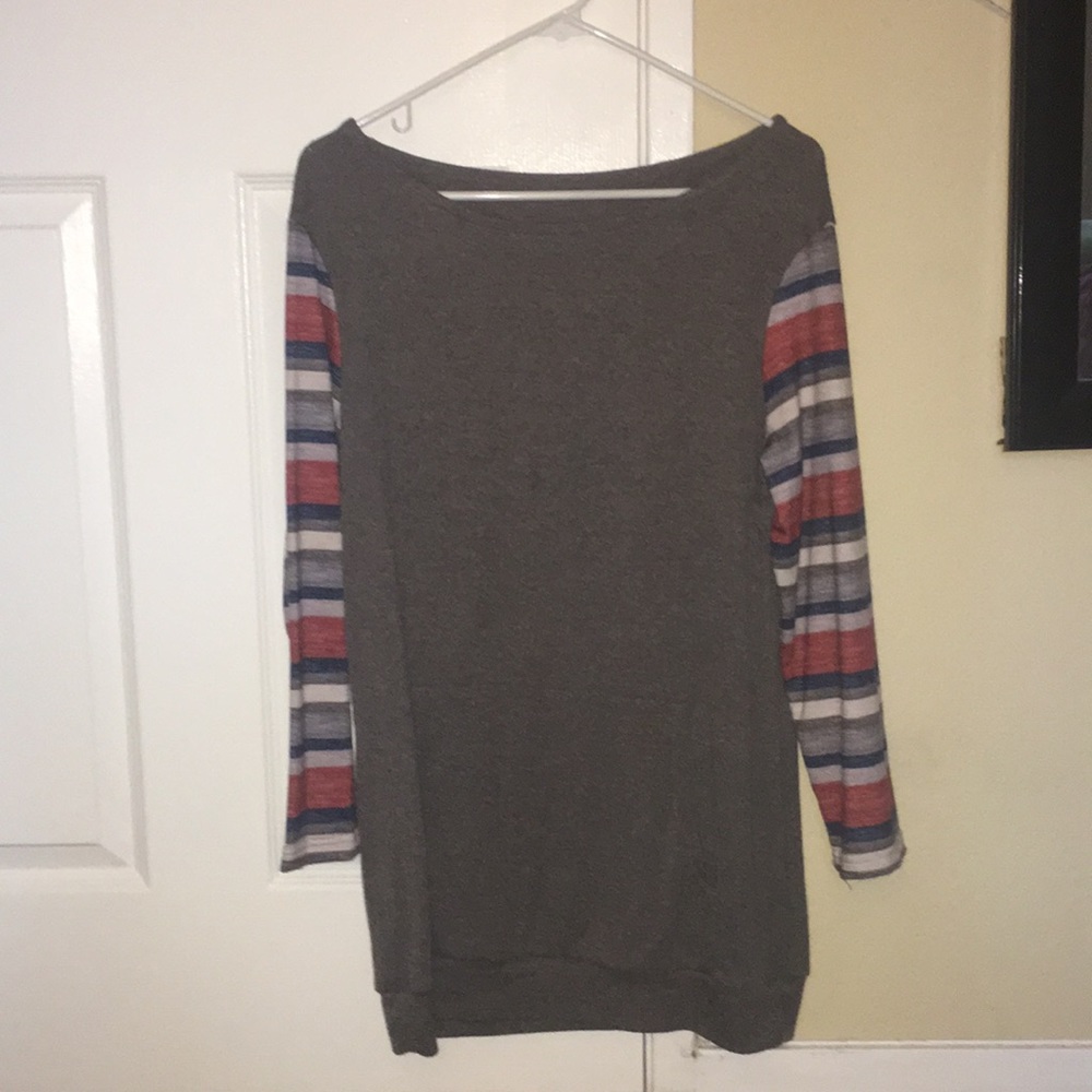 Brown Sweater with colorful baseball sleeves